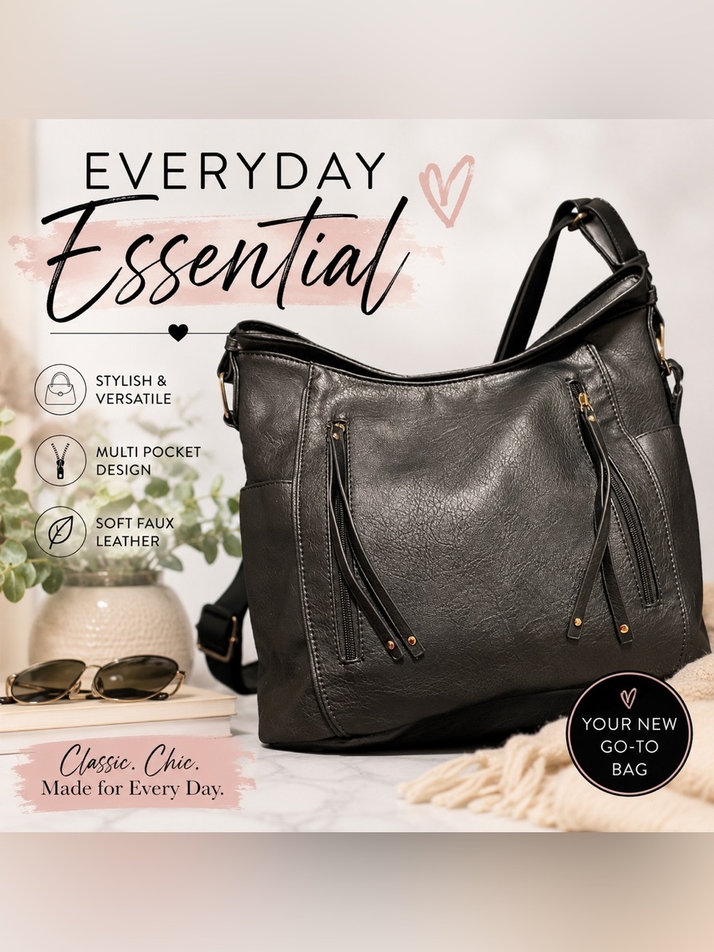 Black Faux Leather Hobo Shoulder Bag Slouchy Crossbody Multi Pockets